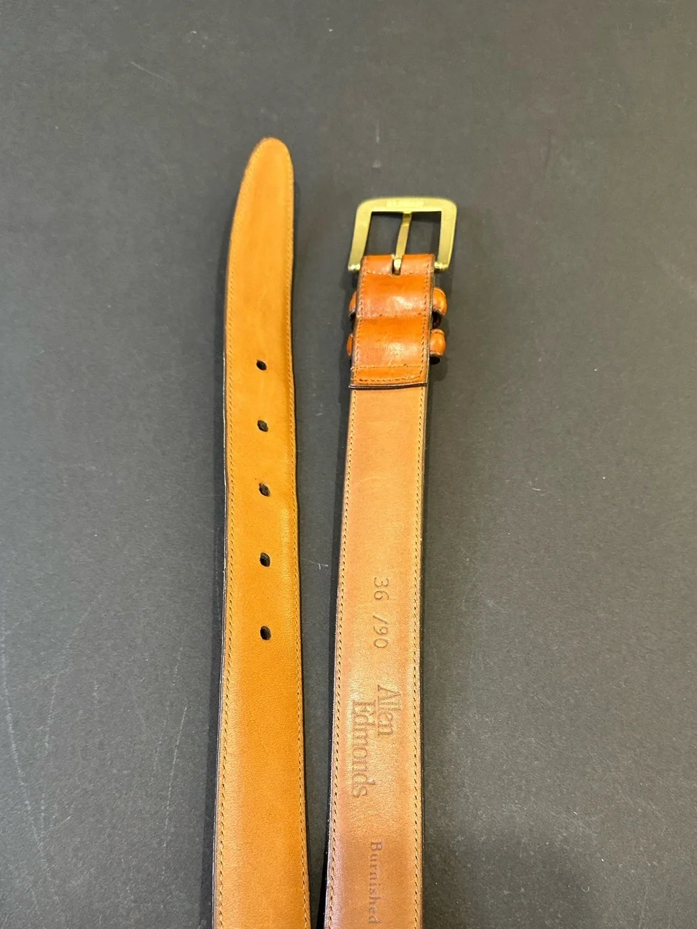 VTG 1990s Allen Edmonds Burnished Tan Calf Dress Belt Brass buckle 36